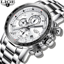 Load image into Gallery viewer, 2020 LIGE Silver Big Dial Watch Men Sport Quartz Clock Fashion Mens Watches Top Brand Luxury Man Military Waterproof Chronograph