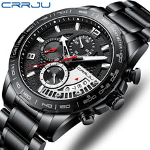 Load image into Gallery viewer, CRRJU Men Stylish Watch Classic Luxury Fashion Perfect Gift Chronograph Stainless Steel Waterproof Clock with Date Black Silver