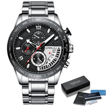 Load image into Gallery viewer, CRRJU Men Stylish Watch Classic Luxury Fashion Perfect Gift Chronograph Stainless Steel Waterproof Clock with Date Black Silver
