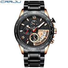 Load image into Gallery viewer, CRRJU Men Stylish Watch Classic Luxury Fashion Perfect Gift Chronograph Stainless Steel Waterproof Clock with Date Black Silver