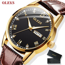 Load image into Gallery viewer, OLEVS Watch Men Brown Leather Quartz Auto Date Calendar Original Brand Waterproof Business Wristwatch Fashion Male